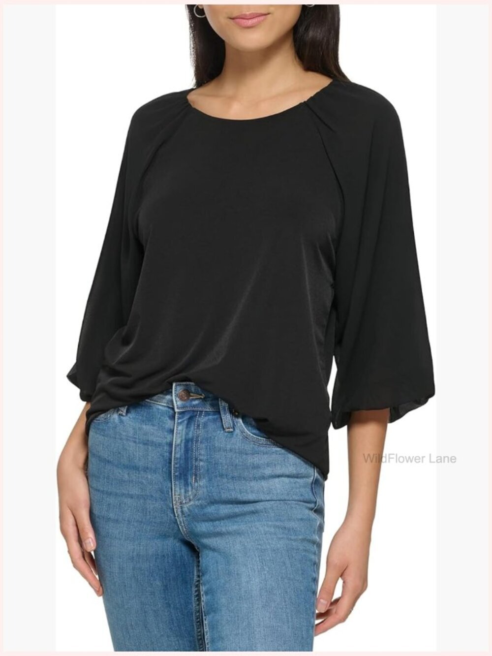 Womens Loose Fitted Matte Jersey Mixed Media Lantern Sleeve Blouse